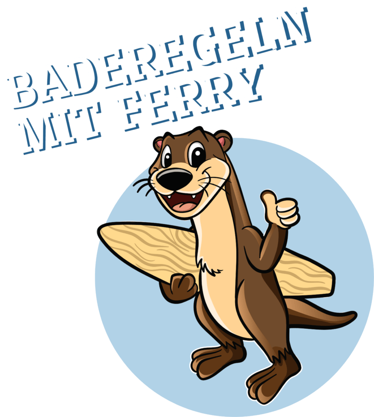 Grafik "Baderegeln mit Ferry", die das aquaferrum-Maskottchen Ferry mit einem Surfbrett zeigt.